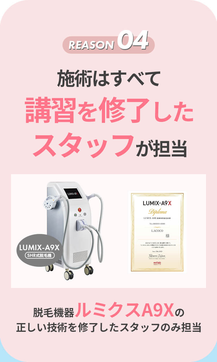 ラココが選ばれる4つの理由　REASON04　施術はすべて講習を修了したスタッフが担当