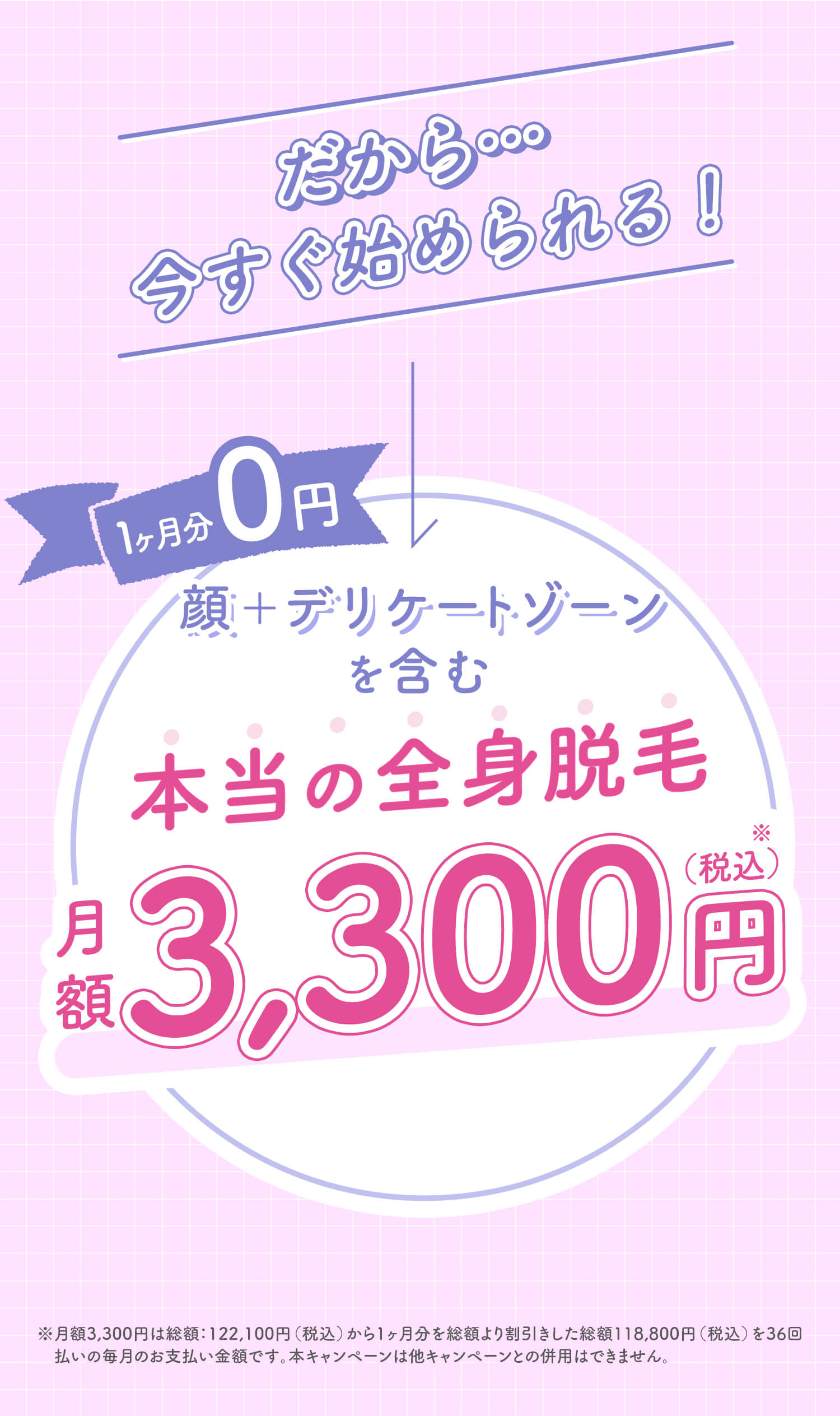 本当の全身脱毛月額3,300円