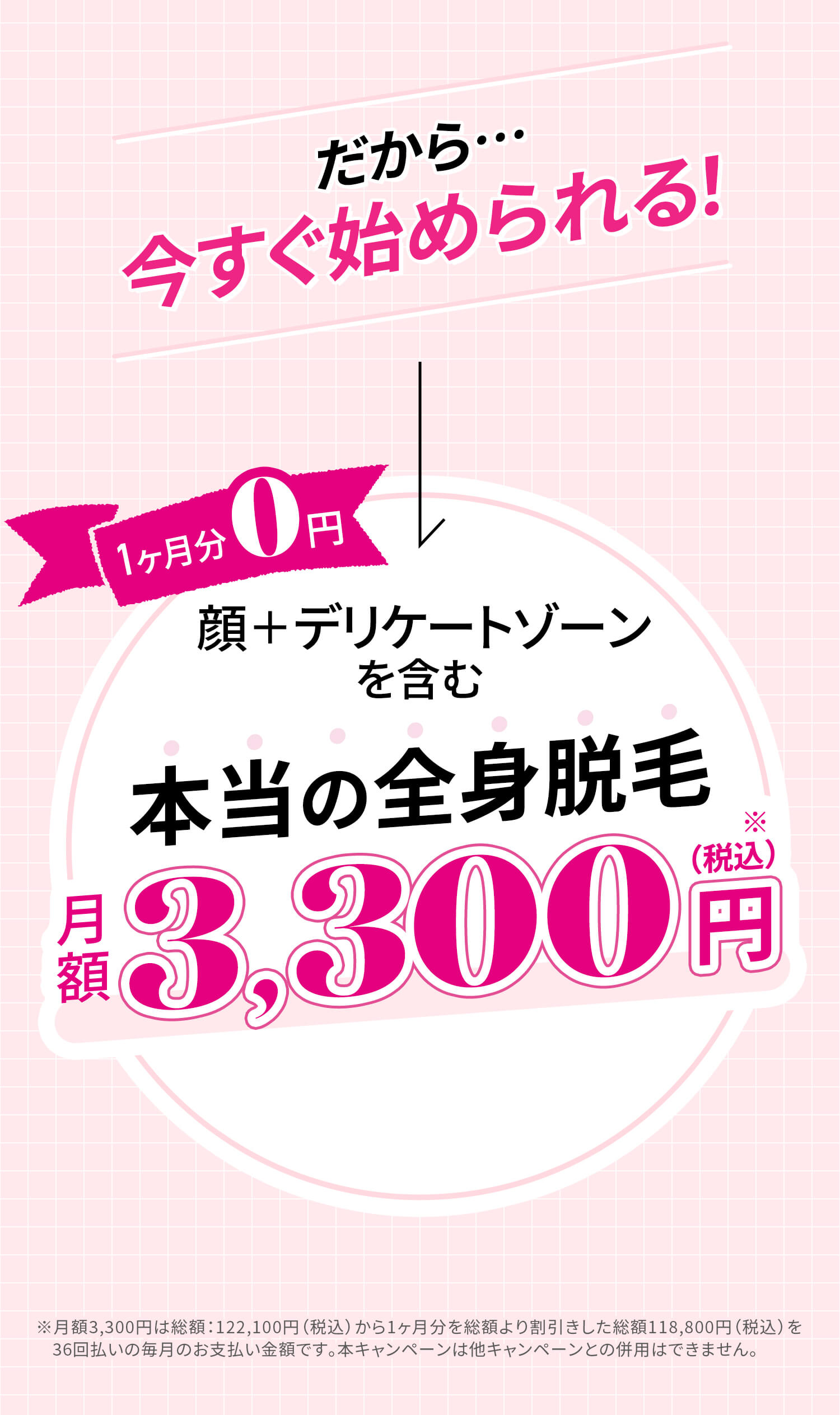 本当の全身脱毛月額3,300円