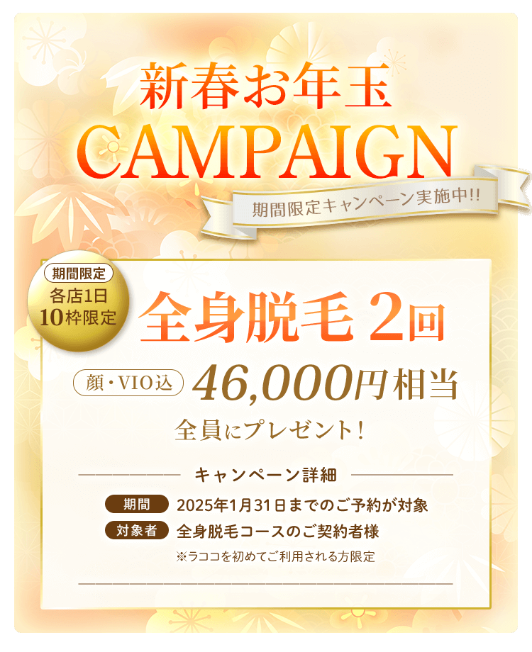 新春お年玉キャンペーン　全身脱毛2回46,000円相当プレゼント！